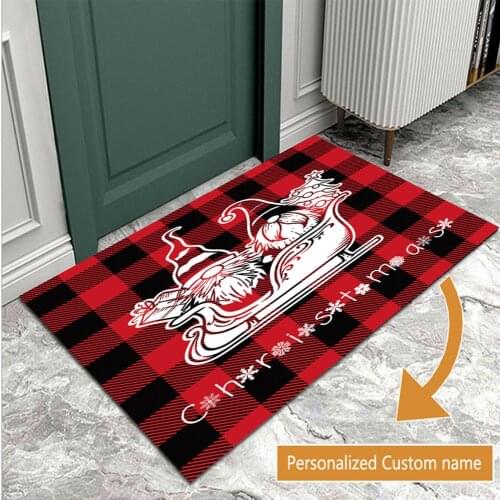 Santa Claus Black And Red Plaid Doormat Rubber Bottom Rug Indoor And Outdoor Festive Decoration Carpet Anti-Slip Door Mat
