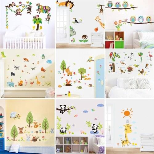 Cute Animals Theme Wall Stickers For Kids Room Bedroom Home Decoration Diy Cartoon Monkey Owl Giraffe Lion Mural Art Pvc Decals