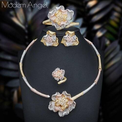 ModemAngel Trendy Luxury 4PCS Flower African Choker Jewelry Sets For Women Wedding Full Cubic Zircon Dubai Bridal jewelry Set
