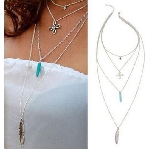 Tassel Fashion Necklace Chokers Necklaces and Pendants Multilayer Women Feather Blue stone chinese knot feather leaf Necklace