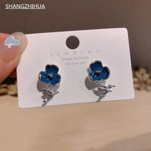 2021 New Fukuu Blue Luxury Enamel Glaze Flower Bird Pendant Earrings For Women Delicate Unusual Jewelry Gift Accessories