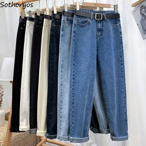 Crimping Women Jeans Solid Washed Leisure All-match High Waist Straight Retro Thicker Ankle-length Korean Style Chic Bottom Ins