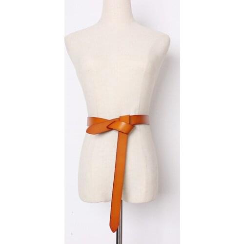 Non-Buckle Adjustable Waistband Women Plain Cow Leather Waist Belt Self-tie Bow Jean Dress Belts Genuine Leather Women Cinture