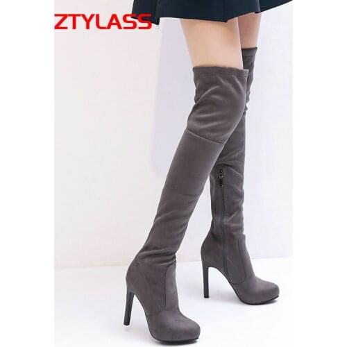 Sexy Thin High Heel Stretch Boots Platform Women Boots Faux Suede Over The Knee Boots Autumn Winter Zipper Woman Boots Shoes