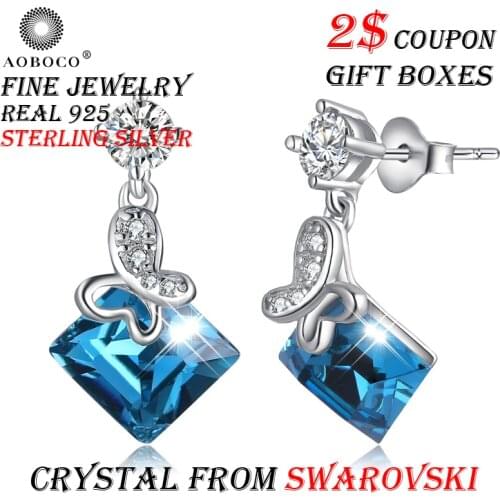 AOBOCO Brand Sterling Silver Earrings Butterfly Hook Drop Dangle Earring Blue Crystals From Swarovski For Women Girl Gift Boxes