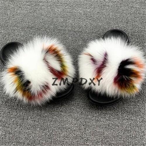 Women Real Fox Hair Slippers Kids/Childrens Raccoon Fur Slides Female Beach Flip Flops Ladies Fluffy Furry 0pen toe Sandals HOT