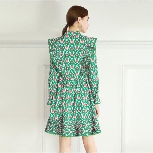 Fashion Green Runway 2021 Spring New Arrival Ruffles Flower Print Bow Pleated Mini Elegant Party Dress