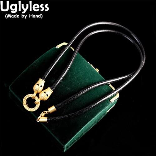 Uglyless Waterproof Real Leather Rope Chains for Women 100% Genuine 925 Silver Necklaces NO Pendant Ethnic Leather Strap Jewelry