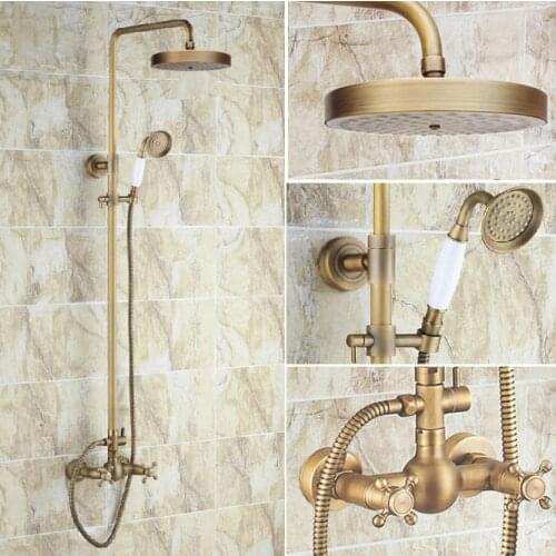 Vintage Retro Antique Brass Dual Cross Handles Bathroom 8 Inch Round Rain Shower Faucet Set Mixer Tap Hand Shower mrs092