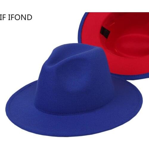 Outer Blue Inner Red Patchwork Women Elegant Wool Felt Jazz Fedora Hats 2020 Fashion Wide Brim Party Trilby Hat