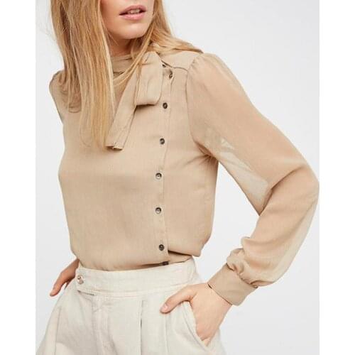 Fall Spring Casual Women Full Lantern Sleeve Buttons Bow Chiffon Blouse Shirt , Female Woman Slim Mandarin Collar Blouses Shirts