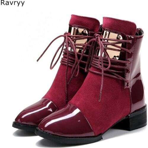 Lace Up Womans short boots wine red suede leather patch work women ankle boot round toe low heel autumn fashion female shoes