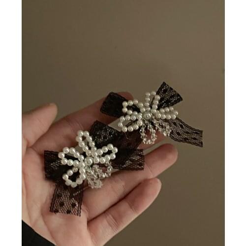 2021 New Korean Lace Bowknot Dangle Earrings For Woman Fairy Elegant Crystal Pearl Flower Earrings Jewelry Boucle Oreille Femme