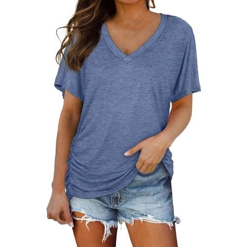 Womens Tops Fashion Short Sleeve V Neck Solid Basis Tops With Side Shirring T-Shirt Top Plus Size Female T-Shirt Women Clothing