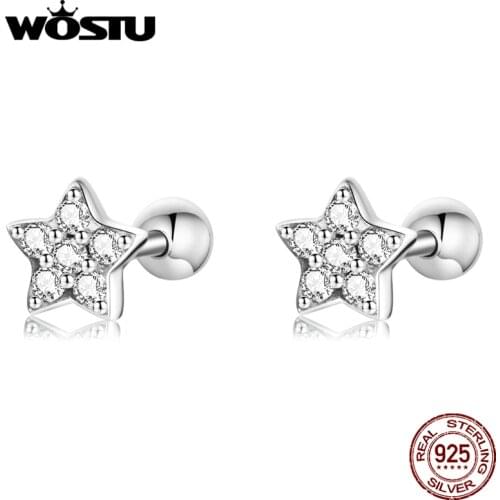 WOSTU 925 Sterling Silver Simple five Sky Night Star Shining Zircon Stud Earrings For Women Fashion Party Jewelry CQE1297