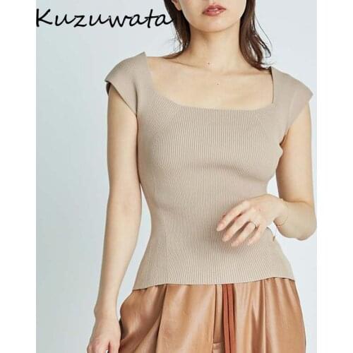 Kuzuwata Square Collar Short Sleeve Backless Solid Knnitted Slim Women Jumpers Japanese Sweet Pullover 2021 Summer New Tops