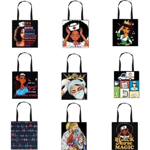 1pcs Black Nurse Totes Afro Ladies Fashion Handbag with Crown Women Canvas Shoulder Bag Cute Shopping Bags