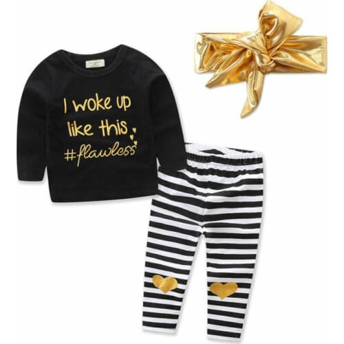 3Pcs Toddler Kids Baby Girl Letter Long Sleeve T-shirt Tops+Striped Pants Headband Casual Clothes Outfits Set 0-3T