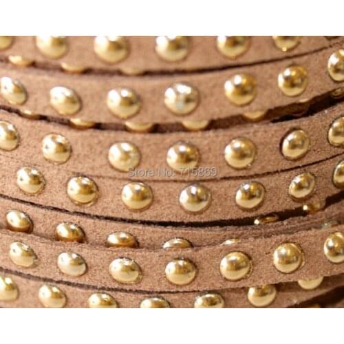 Free Ship 100 Meters Peru Brown 5 x1.5mm w/ Gold Rivet Accents Microfiber Flat Faux Suede LeatherLace Cord For DIYJewelry