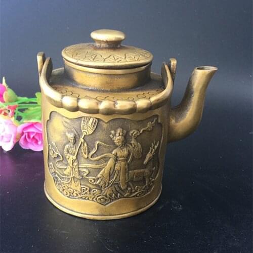 Adornos antiguos de latón cobre latón hermosas señoras jugar Hada ciervo olla de cobre antigua hervidor de té de belleza