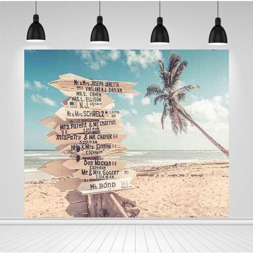 Scopiso Photography Background Blue Sky Beach Sea Coconut Tree Wooden Signage Custom Text Wedding Landscape Backdrop Photocall