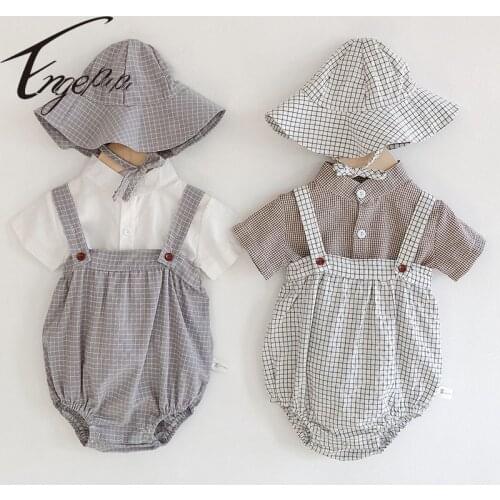 Engepapa Korean Style Infant Baby Boys Girls Clothing Suit Sun Hat+Short Sleeve Shirt+Romper Toddler Girls Boys Clothing Sets