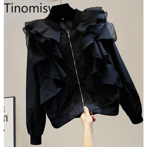 Tinomiswa Ruffle Patchwork Jackets Women Zip-up Long Sleeve Loose Coats Tops Korean Fashion Autumn New Chic Clothes Outerwear