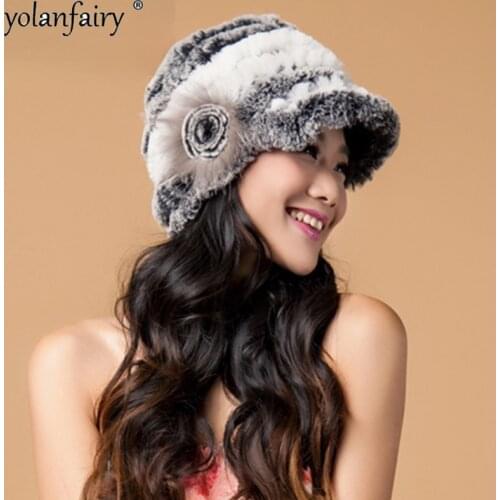 2021 Russian Hot Sale Rex Rabbit Wool Knit Hat Winter Female Thick Warm Hats for Women Colorful Assorted Colors Fur Caps Gxy234