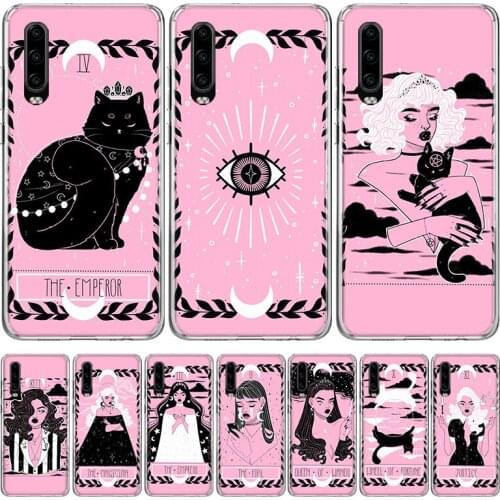 Cute Tarot Cool Girl Cat Pink Phone Case for Huawei P30 P40 P20 P10 Mate 20 10 30 Lite Pro P Smart Z Plus + Art Shell Cover Coqu