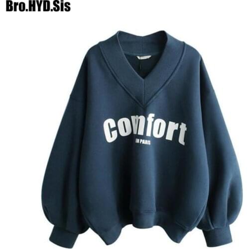 Fashion Women Long Sleeve V-neck Sweatshirts Warm Fleece Letter Print Pullover Jumpers Autumn Winter Girls Tops Loose Fit