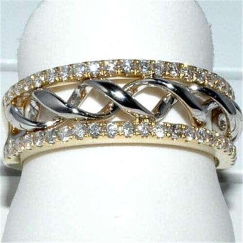 Hot Fashion Two Tone Zircon Ring Women Men Yellow White Gem Stack Twisted Ring Sz6-10 Engagement Gifts Girl Party Gifts