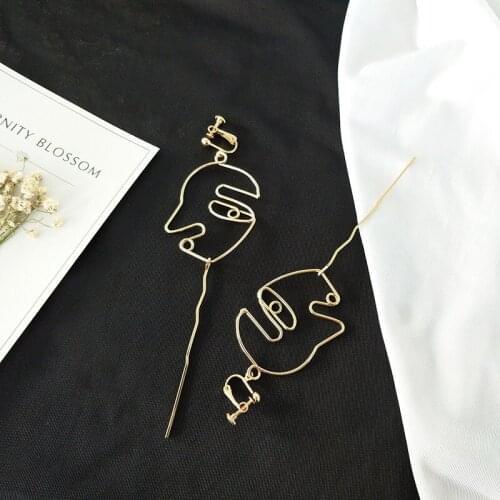 Fashion Unique Chic Hollow Face Wire Clip Earrings For Women Long Ear Jewelry No Ear Hole Bijoux