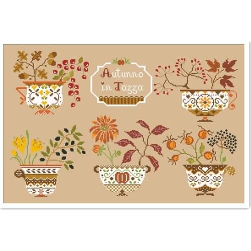Five teacup flowers - autumn cross stitch kit design 14ct 11ct linen flaxen canvas cotton silk embroidery DIY needlework