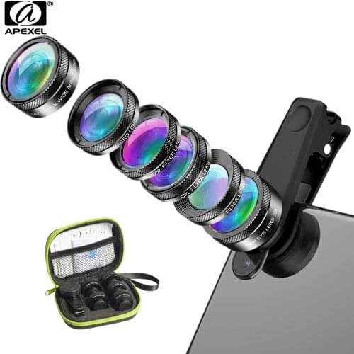 APEXEL New 6in1 Kit Camera Lens Photographer Mobile Phone Lenses Kit Macro Wide Angle Fish Eye CPL Filter For iphone Xiaomi mi9