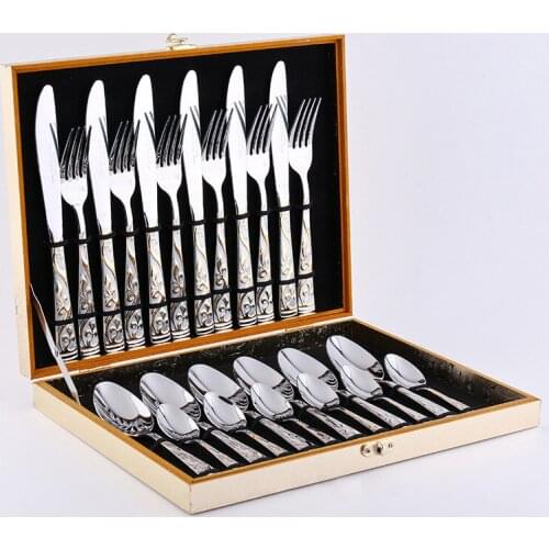 24pcs Golden Plated Dinnerware Stainless steel Gold Cutlery set Table Knife Fork Teaspoon Christmas Tableware in Giftbox