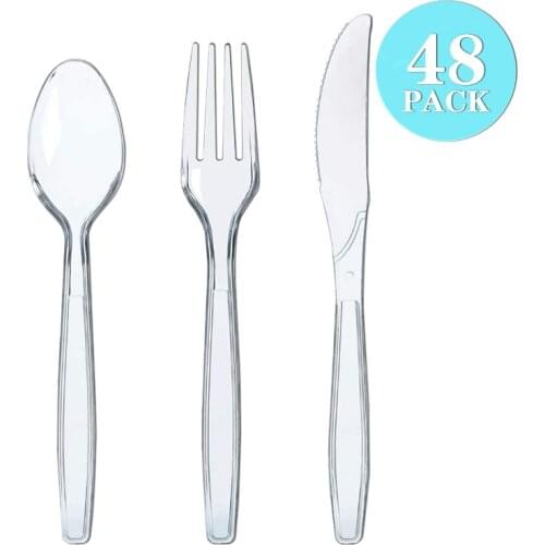 48/96/144pcs Plastic Tableware Crystal Clear Cutlery-set Plastic Dinner Knife Fork Spoon Birthday Party Household Supplies