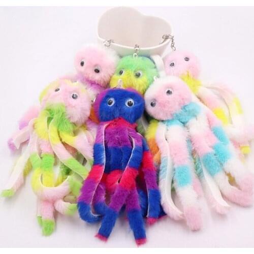 Novelty 2021 Cute Octopus Keychains Women Pompom Artificial Rex Rabbit Fur Car Key Ring Long Tassel Fluffy Key Chain Bag Jewelry
