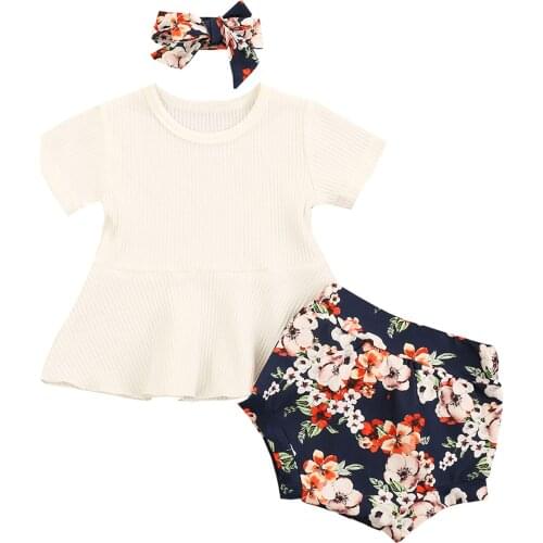 2021 New Babys Casual Suit Solid Color Ribbing Round Neck Short Sleeve T-shirt, Flower Print Shorts Elastic Bow Headband