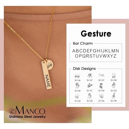 EManco Lover Custom Necklace For Girls Name Bar Pendant Gold 316L Stainless Steel Chain Gestures Necklace BFF Jewelry Women Gift