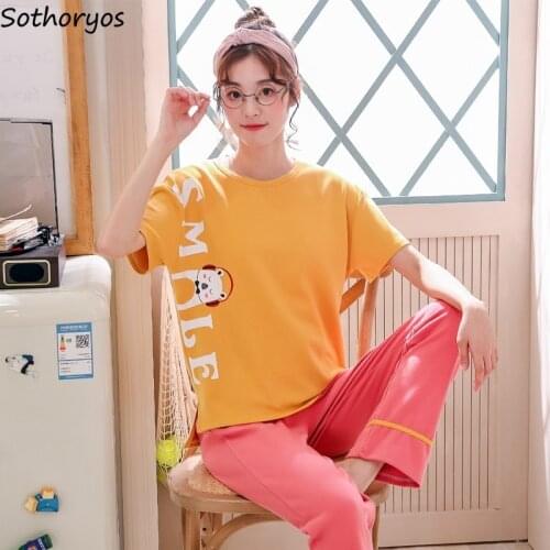 Pajama Sets Women Short Sleeve Tops Full-length Loose Nightwear Kawaii Harajuku Chic New Ladies Summer Korean Style Comfort Soft