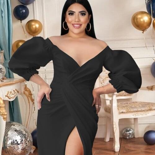 Echoine Sexy V-neck Puff Half Sleeve Split Slim Party Evening Dress Womens Elegant Dress Plus Size