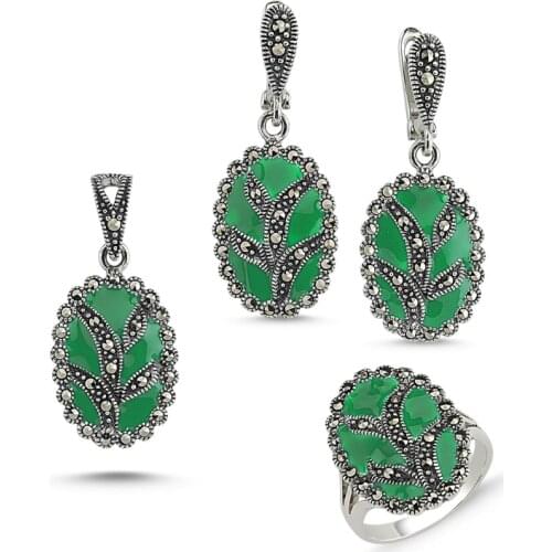 Silver 925 Sterling Marcasite Pendant Earring & Ring Set