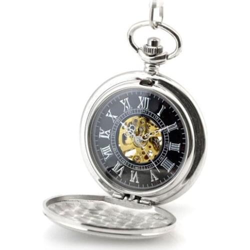 Silver Classical Skeleton Mechanical Hand Wind Pocket Fob Watches Womens Watch Pendant Necklace Gift Shield Carved Black Case