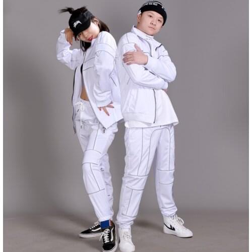 New Adults Hip Hop Dance Costumes Reflective White Street Dancing Clothes Women Men Stage Outfit Jazz Performance Wear DN5373