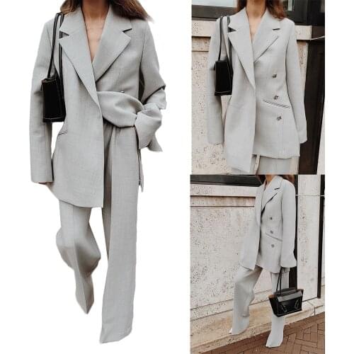 Elegant Fashion Women Blazer Suits New Designed Notched Lapel Wide Legs Pants 2 Pieces Set Office Lady Casual Daily Coat