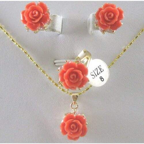 Womens fashion metal gold-plated coral pink flower set