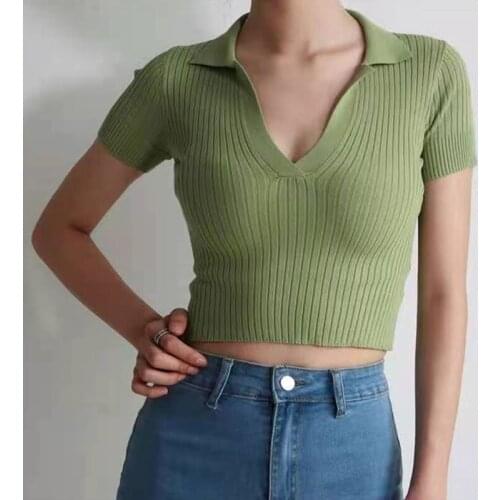 LJSXLS Ribbed Crop Top Female Summer Short Sleeve T-shirt Womens Green Vintage Clothes Solid Slim Knitted Top Cropped Tee Shirt