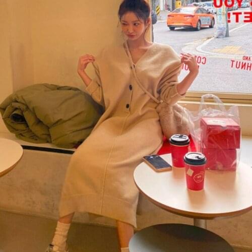 Women Spring V Neck Long Sweater Dress Batwing Sleeve Oversize Knitted Shirt Dresses Split Hem