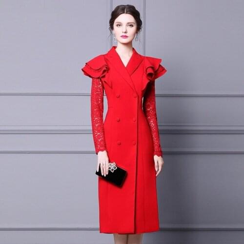 XXXL Dress Vestidos De Festa 2021 Spring Summer Party Red Black Dresses Women Notched Collar Lace Patchwork Midi Bodycon Dress