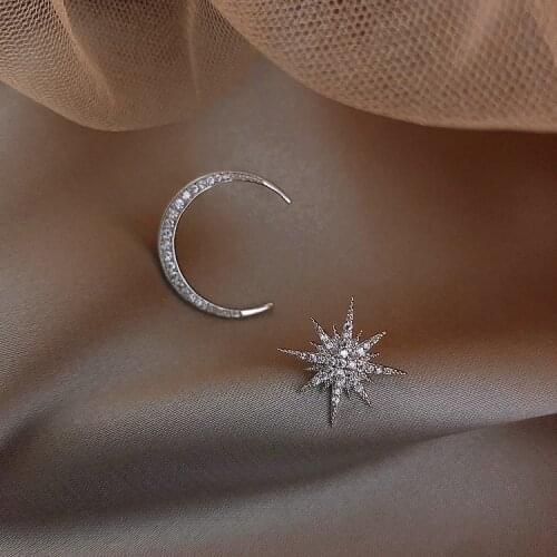1Pair Jewelry Star Moon Water Full Rhinestone Asymmetrical Stud Earrings Sweet Romantic Fashion Jewelry Women Accessories